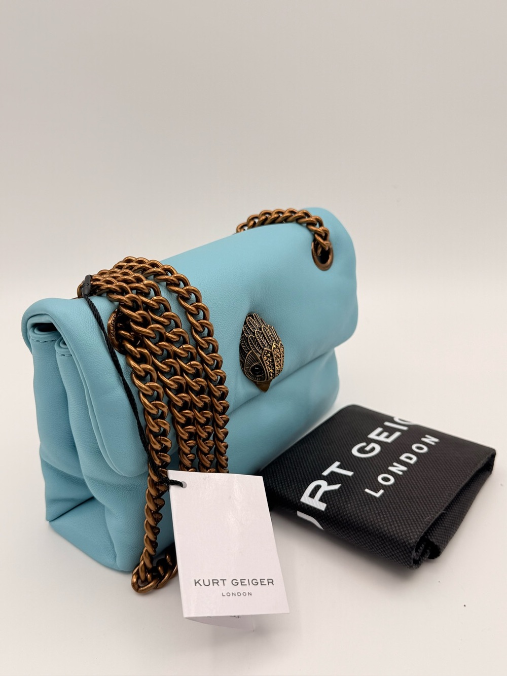KURT GEIGER Mini Kew Aqua Leather Eagle Chain Shoulder Bag NWT